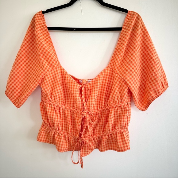 Louna Orange Gingham Puff Sleeve Tie Top - Picture 5 of 7